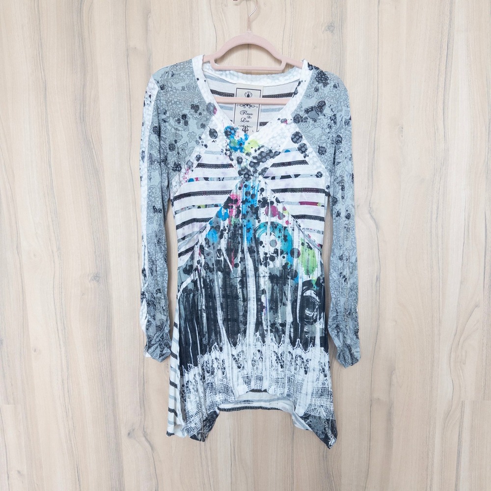 Fleur‎ De Lis Womens Tunic Top L White Mixed Media Abstract Boho Artsy Lagenlook